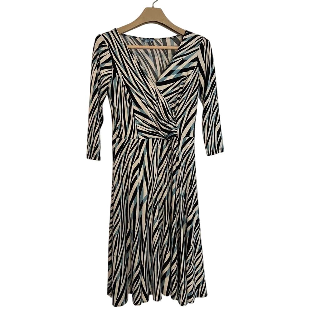 Zebra Print Fit & Flare Dress Wrap Top Black White Stretch 3/4 Sleeve SIZE 8